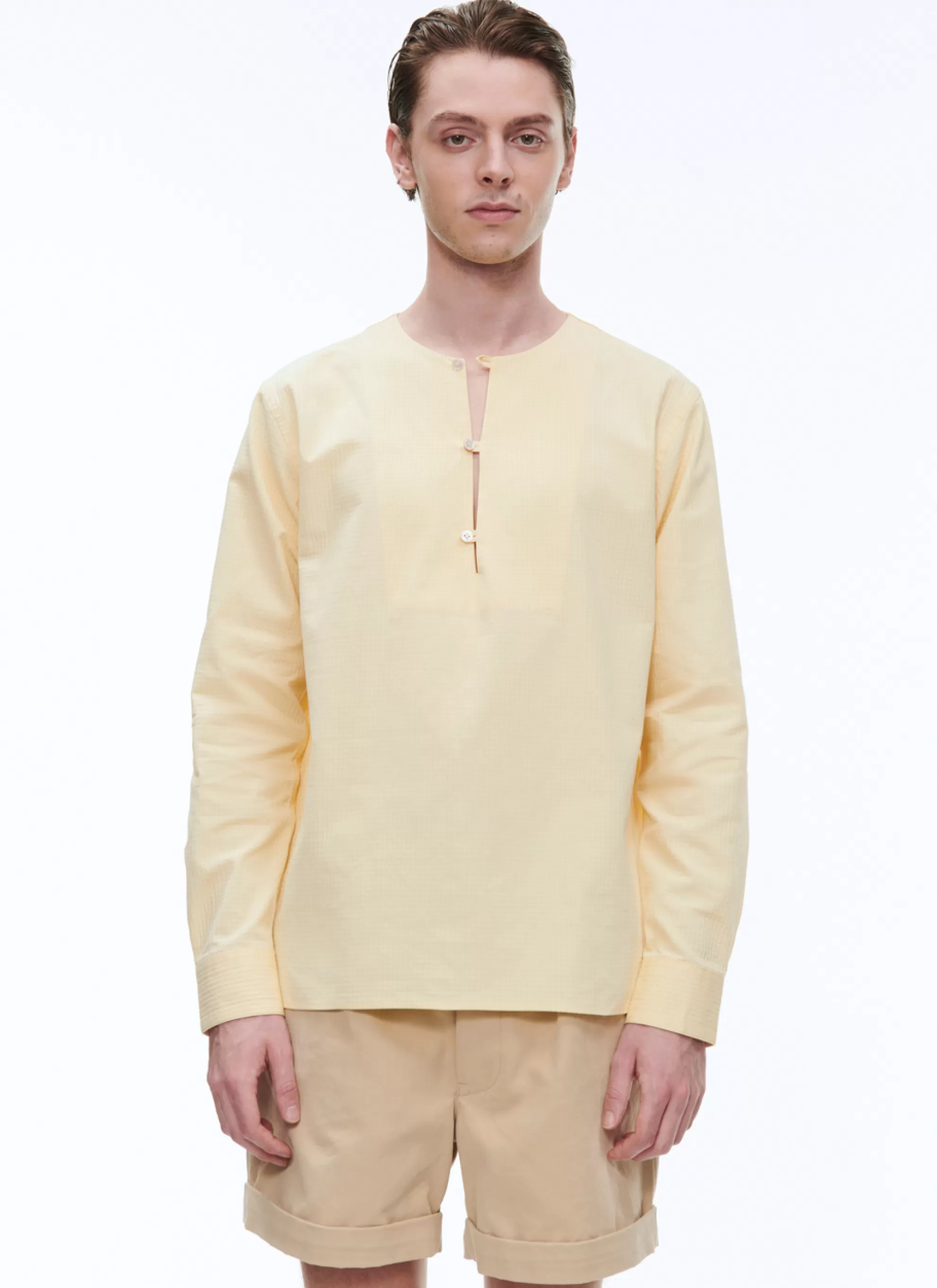 Clearance Chemise Tunisienne Jaune En Seersucker De Coton Homme Chemises